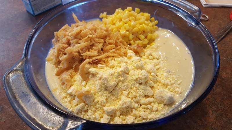 Corn, French fried onion, and corn muffin mix added to the batter.