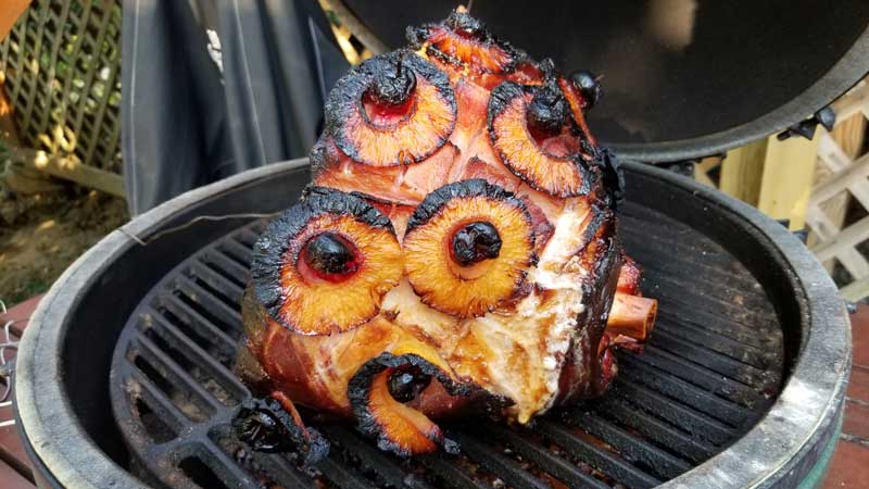 Cooked ham on a Big Green Egg