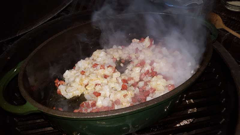 Shrimp and Chorizo cooking in a Dutch oven.