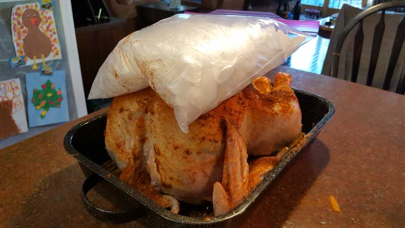 Turkey with a bag of ice on it.