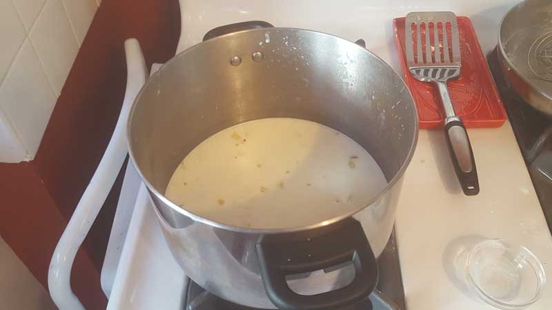 Milk and onion mixture in a pot.