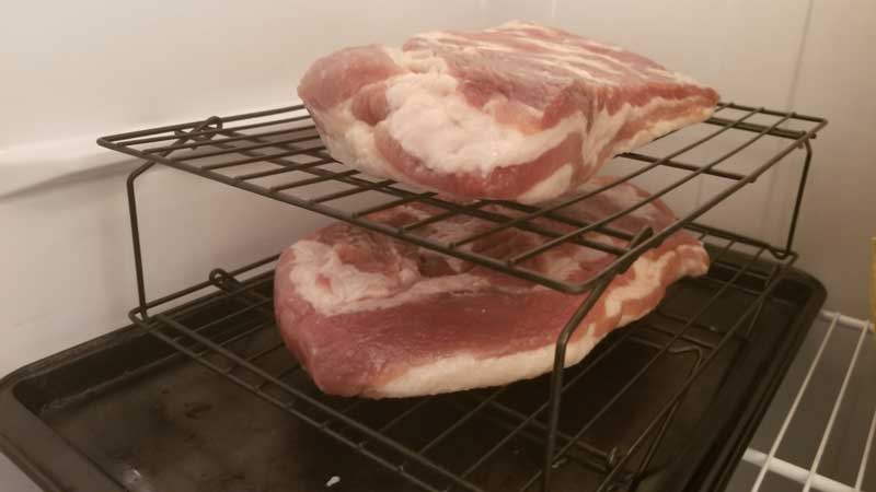 Uncooked bacon on a drying rack in the fridge.