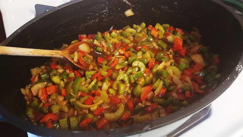 Chopped vegetables in roux.