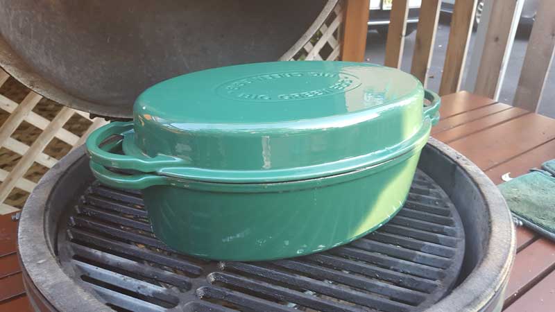 Covered Dutch oven in the Big Green Egg.