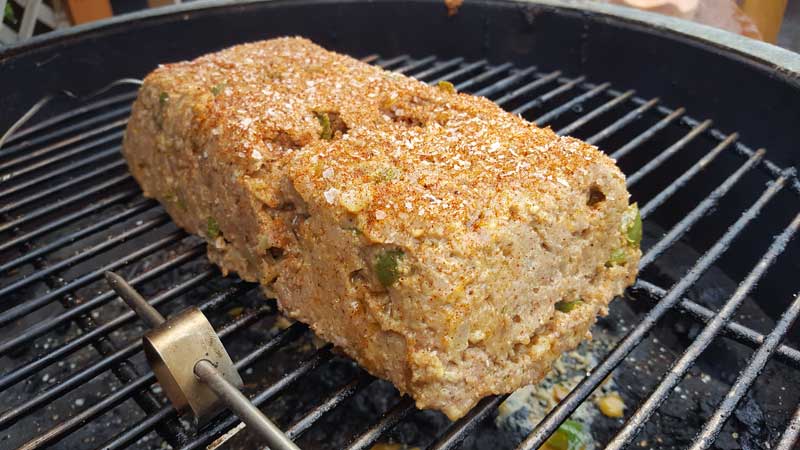 Meatloaf out of the glassware in the Big Green Egg.