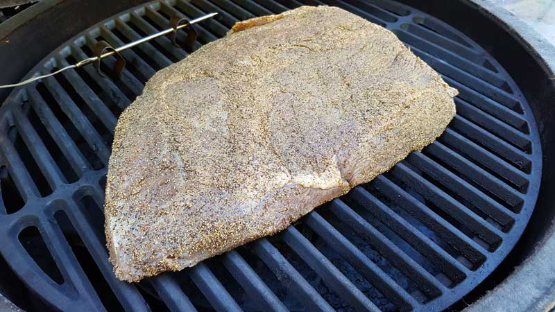 Uncooked brisket in the Big Green Egg.