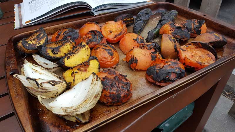 Charred fruit and vegetables.