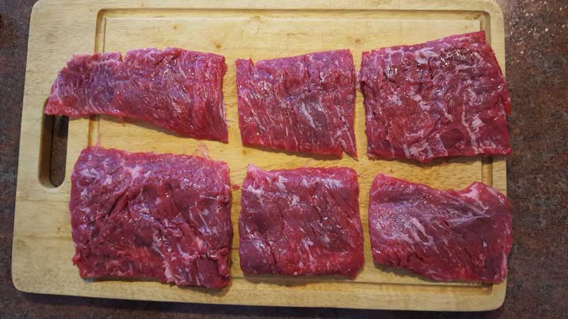 Skirt steak cut into 6 pieces.