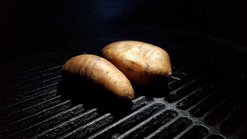 Sweet potatoes cooking on the Big Green Egg.