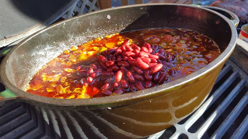 Beans added to the dutch oven.